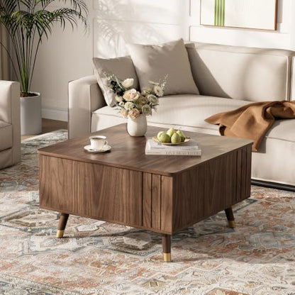JOINICE Square Lift Top Coffee Table with Storage for Living Room,Walnut | 32" Multi-functional Pop Up Center Table,Large Hidden Compartments with Solid Wood Legs,Lift to 23",Hold 100lbs,Easy Assembly - color: Walnut_square