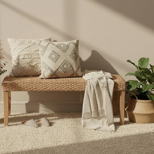 Indoor Wicker Bench 47" Solid Wood Acacia & Natural Woven Seat, Natural Leg | Living Room, Dining Bench or End of Bed Bench, Boho Rustic Farmhouse Style - color: Plait - Natural Leg & Water Hyacinth