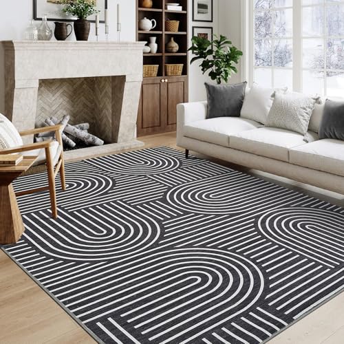 ROYHOME Modern Washable Rug 5x7 Area Rugs for Living Room Non Slip, Black | Abstract Rug for Bedroom, Rainbow Throw Rugs with Rubber Back, Low Pile Stain Resistant Boho Geometric Carpet for Dining Room - color: Black, size: 5' x 7' (Rectangular)