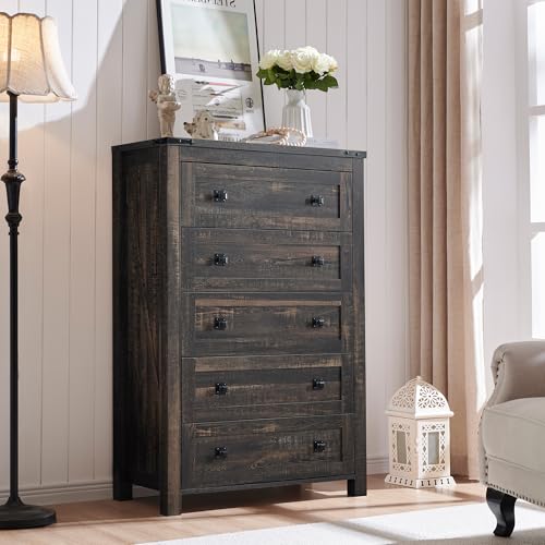 T4TREAM 48" Tall Farmhouse 5-Drawer Dresser for Bedroom, Dark Rustic Oak | Rustic chests of drawers, Wood Storage Cabinet, Metal Handle, Unique Corner Accent, Bedroom, Living Room, Hallway - color: Dark Rustic Oak, size: 15.8"D x 31.3"W x 48"H (5 Drawers)