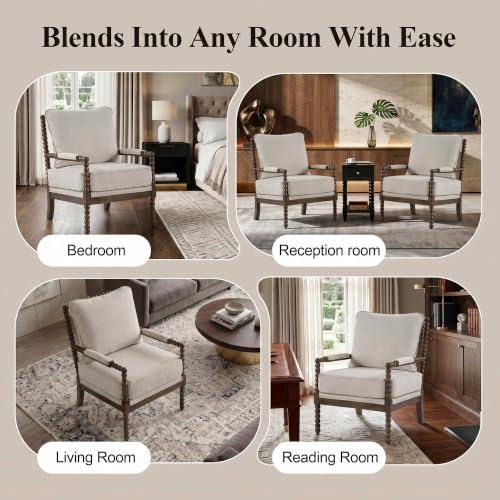 DUHOME Chenille Fabric Spindle Accent Chair with Wood Frame,Bobbin Chair with High Resilience Spring Cushion and Armrest Pads, Leisure Armchair for Living Room Bedroom Farmhouse Home Office Belcony - color: Dark Walnut+grey, size: 1 pc