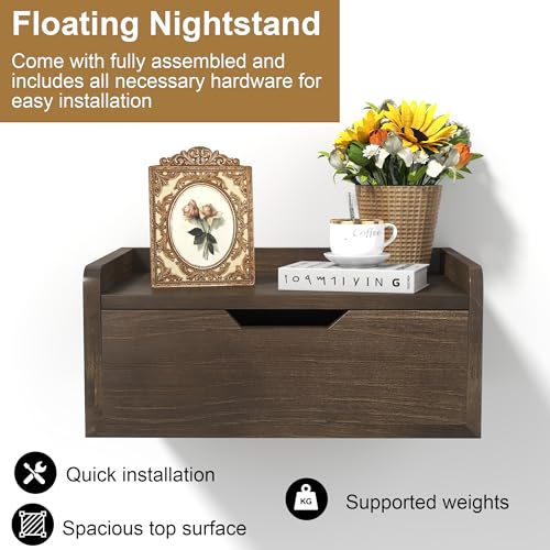 Floating Nightstand, Bedside Shelf Wall Mounted, Small Modern Floating Shelf Nightstand with Drawer, Floating Bedside Table Wall Shelf for Bedroom, Bathroom (Pine Wood)