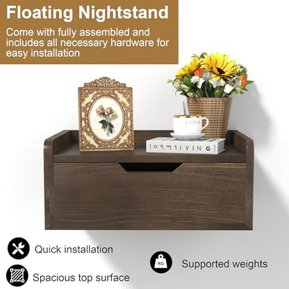 Floating Nightstand, Bedside Shelf Wall Mounted, Small Modern Floating Shelf Nightstand with Drawer, Floating Bedside Table Wall Shelf for Bedroom, Bathroom (Pine Wood)