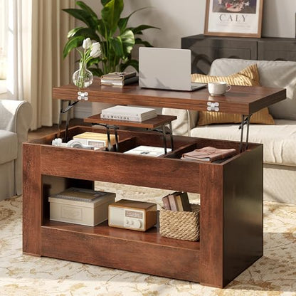 UNIQUITE 40" Lift Top Coffee Table, 4 in 1 Multi-Function Lift Coffee Table with Storage and Hidden Compartment, Convertible Coffee Tables to Dining Table for Living Room, Walnut - color: Walnut