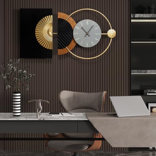 32"x16" Large Modern Silent Non-Ticking Wall Clocks for Living Room | Mid-Century modern abstract asymmetrical design,metal frame,gray dial,gold finish,kitchen,bedroom,office use,battery operated - color: Black-32x16 Inch, size: Medium