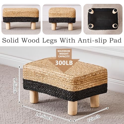 Wimarsbon Natural Seagrass Footstool Ottoman Rectangular Footrest Pouf Ottomans with Wooden Legs Hand Weave Step Stool for Living Room Bedroom Entryway Black - color: Black, size: 12"D x 16.5"W x 9.5"H