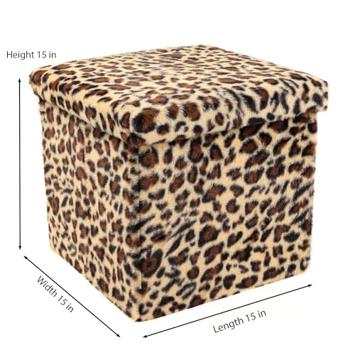 Luxe Faux Fur Storage Ottoman, Leopard, 15 x 15 x 15 in | Engineered Wood, Tool-Free Assembly, Modern Style, Seat And Footrest - color: Leopard, size: 15"D x 15"W x 15"H