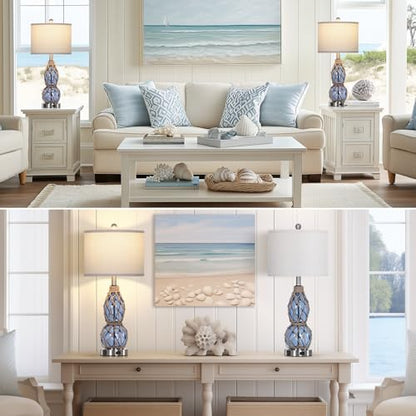 Rinweey 26" Coastal Glass Table Lamps Set of 2, 3-Way Dimmable Touch Lamps with USB Ports and AC Outlet, Nautical Bedside Lamps for Bedroom Living Room - color: Blue-2