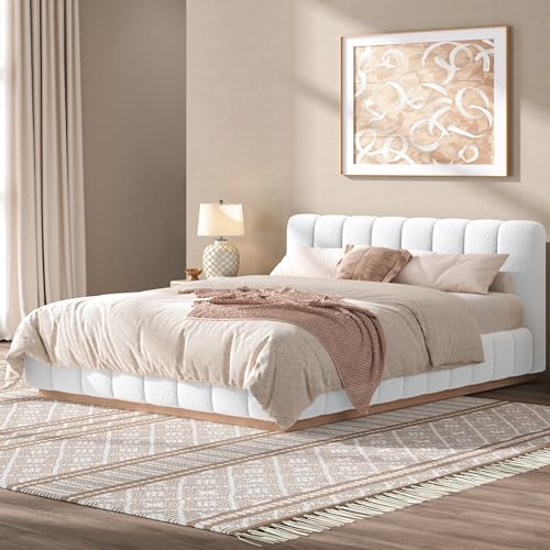 Majnesvon Queen Size Upholstered Bed Frame, Soft Boucle Bed Frame with Headboard, Low Profile White Platform Bed with Wood Base - size: Queen (U.S. Standard)