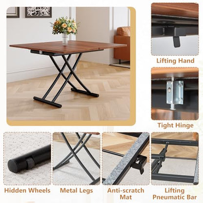 Adjustable Height Coffee Table, 4-in-1 Folding Dining Table, Walnut | Convertible lift top table for use as a coffee table, dining table, home office desk or vanity - color: Walnut & Black Legs