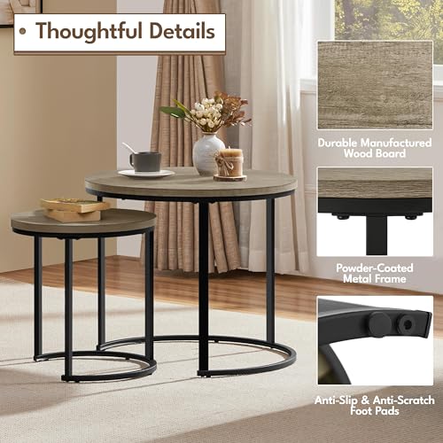 Yaheetech Round Nesting Coffee & Side Table Set of 2 for Living Room, Gray | Space-Saving Nesting Design, Engineered Wood Tops on Black Metal Frames, Use Apart as End Tables, Easy Assembly, 99 lb Max - color: Grey