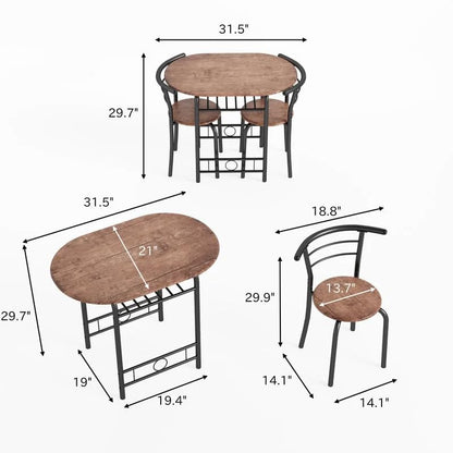 Shahoo 3-Piece Dining Table Set for 2, Kitchen Breakfast Nook Set | 2 Chairs & Round Tabletop, Space Saving Wooden Furniture Metal Frame and Built-in Wine Rack, Rustic Brown - color: Rustic Brown