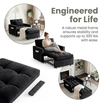 Sleeper Chair with Pull Out Bed, 3 In1 Convertible Chair Bed, Black | Adjustable Backrest with Multiple Reclining Positions, Soft Cushioning, Handy Side Pocket, Perfect for Everyday Lounging - color: W-black-m2