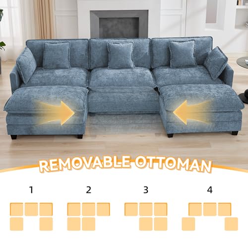 111'' Sectional Cloud Deep Seat Couch, Oversized Chenille U Shaped Sectional Sofa for Living Room Set, Comfy Upholstered Modular 5-Seats Sectional Sofa Couch with 2 Movable Ottoman, Blue - color: Blue, size: 111'' U Shape