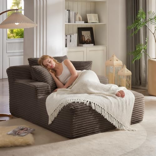 67 Inch Oversized Chaise Lounge Chair Indoor, Corduroy Upholstered Boneless Sofa Bed, Deep Seat Sleeper Couch Reading Chairs, Cloud Sofas Couches for Living Room, No Assembly Required (Camel) - color: Camel, size: 50"W x 67"D