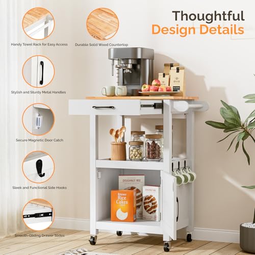VINGLI Small Kitchen Island on Wheels, Microwave Cart with Drawer & Storage, Barn Door Coffee Station Stand with Hooks & Shelves, Unique White - size: 33"