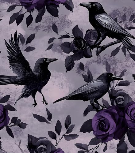 Black Purple Crow Bird Floral Wallpaper Peel and Stick 17.5"x393" | Self Adhesive/Removable/Waterproof/Thick Vinyl Vintage Contact Paper for Bathroom Bedroom Shelf Cabinet Drawer,Prepasted - color: Black/Purple, size: 17.5" x 393.7"
