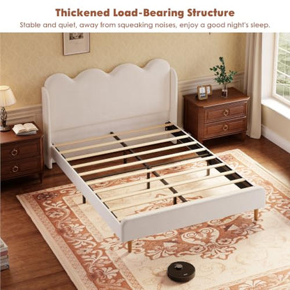 Garvee Full Size Upholstered Platform Bed Frame, Scalloped Wave Tall Headboard, Chenille Wingback Design, Wood Slat Support, No Box Spring Needed, Easy Assembly, Beige | Scalloped Wave Tall Headboard, Wood Slat Support, No Box Spring Needed, Easy Assembly