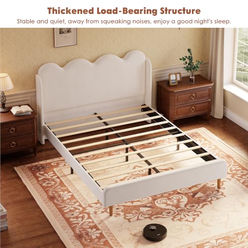 Garvee Twin Bed Frame for Kids, Upholstered Scalloped Wave Tall Headboard, Chenille Wingback Design, Wood Slat Support, No Box Spring Needed, Easy Assembly, Beige | Upholstered Scalloped Wave Tall Headboard, Wood Slat Support, No Box Spring Needed, Easy A