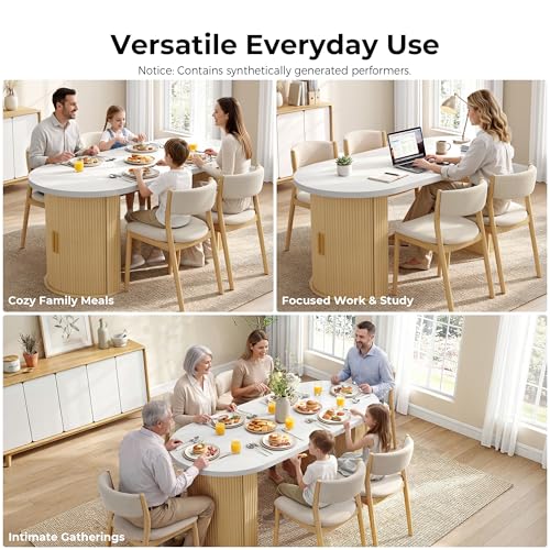 IRONCK 71" Oval Dining Table with Hidden Storage, Oak | Faux quartz-pattern laminate top, dual-sided cabinets, fluted engineered-wood base, and 397 lb capacity. - color: Oak