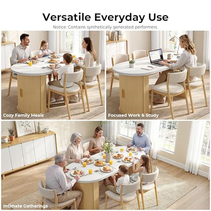 IRONCK 71" Oval Dining Table with Hidden Storage, Oak | Faux quartz-pattern laminate top, dual-sided cabinets, fluted engineered-wood base, and 397 lb capacity. - color: Oak