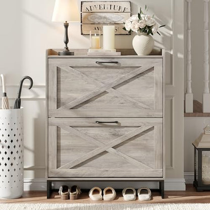 Maupvit Shoe Cabinet with 2 Flip Drawers, Freestanding Shoe Cabinet Organizer with Metal Legs, Shoes Storage Cabinet for Entryway, Narrow Shoe Rack Cabinet, Washed Gray - color: Washed Gray, style: 2-Drawers