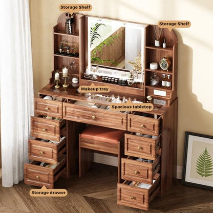 Arulvmrn 43" Makeup Vanity Desk with Mirror and Lights, & Power Outl, Glass Top Big Vanity Table with 9 Drawers& 8 Storage Shelves, Dressing Table Set with Chair for Bedroom, Walnut - color: Walnut