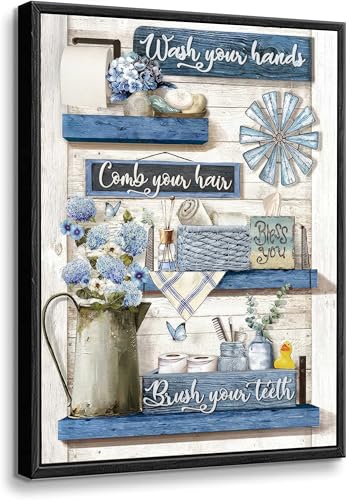 Framed Navy Blue Bathroom Wall Art Cute Bathroom Sign Poster Country Bathroom Pictures Wall Decor for Wash Your Hands Rustic Canvas Prints for Bathroom painting 24x16 inch - color: blue2, size: 16"L x 24"W