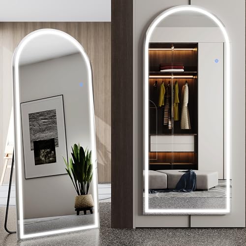 Antok LED Full Length Mirror with Light, 71"x28" Lighted Full Body Mirror with Stand, Dimmable & 3 Color Lighting Standing/Leaning/Wall Mounted Vanity Mirror for Bedroom Cloakroom Livingroom(Arched) - size: 71"L x 28"W, style: Arched Style