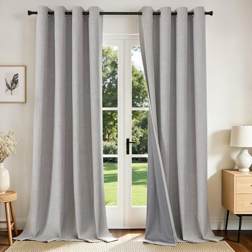 Joydeco Blackout Curtains 84 Inch Long, Linen Black Out Curtains for Bedroom 2 Panels with Grommet, Thermal Insulated, Noise Reducing Room Darkening Drapes Privacy Protection for Living Room Window - color: Greyish White, size: 52"W x 84"L (Pack of 2)