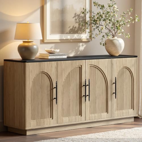 Evermagin 67IN Oak Fluted Sideboard Buffet Cabinet with Storage | Large Wood Storage Cabinet with Arched Door, Dining Room Buffet Table for Kitchen Living Room Hallway Entryway - color: Oak