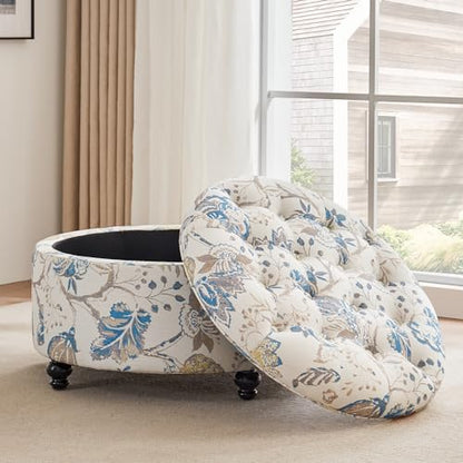 HUIMO 30-Inch Round Storage Ottoman, Button Tufted Ottoman(Blue Flower) | Ottoman Coffee Table with Removable Top, Upholstered Ottoman with Storage, Footrest Stool for Living Room, Bedroom and Office - color: Blue Flower