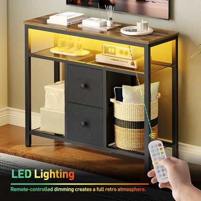TV Stand with LED Lights, Dresser TV Stand, Tall Entertainment Center with 2 Fabric Drawers, TV Media Console Table, for Living Room, Bedroom, Black and Rustic Brown DS10DBR