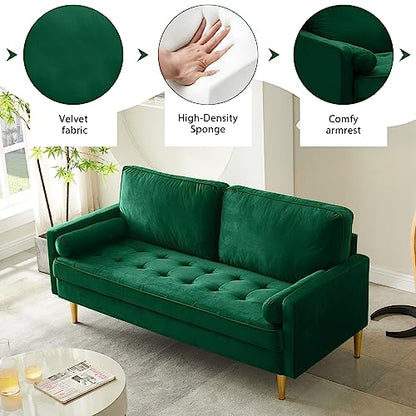 67" Modern Velvet Loveseat Sofa Couch, Mid-Century Tufted Upholstered Small Love Seat Couch with 2 Pillows & 4 Golden Legs, 2-Seats Couches for Compact Space, Living Room, Apartment (Emerald) - color: Emerald