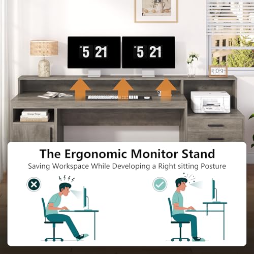 65" Computer Desk with 3 Drawers & Printer Shelf for Home Office | Office Desk with Printer Shelf & File Drawer, Executive Desk Writing Study Table with Monitor Stand, Grey - color: Grey