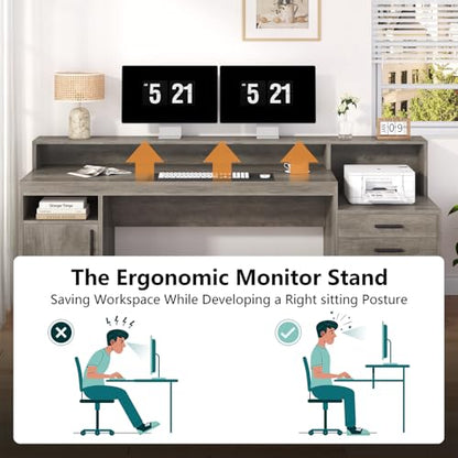 65" Computer Desk with 3 Drawers & Printer Shelf for Home Office | Office Desk with Printer Shelf & File Drawer, Executive Desk Writing Study Table with Monitor Stand, Grey - color: Grey