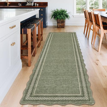 GarveeHome Washable Runner Rugs 2x8 Entryay Rug Scalloped Non Slip, Green | Bathroom Rugs Non Slip Kitchen Runner Low Pile Hallway Rug Stain Resistant Carpet for Entry Laundry Room - color: Green, size: 2' x 8' (Runner)