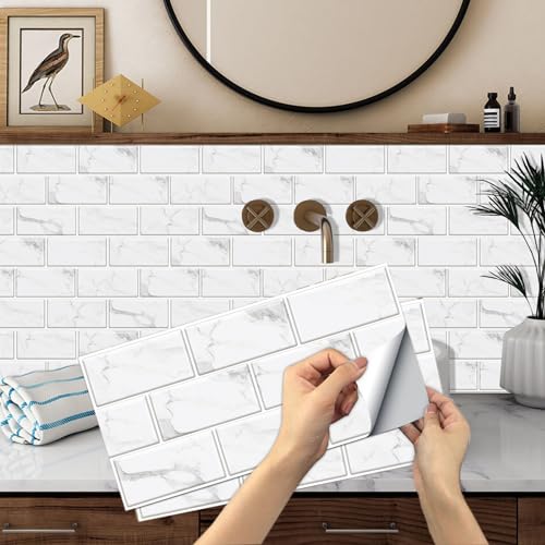 12-Sheet White Peel and Stick Wallpaper, Subway Tile 6''x12'' Self Adhesive Wall Tiles Waterproof PVC Stick on Backsplash Vinyl Decorative Tiles Stickers for Kitchen Bathroom - color: White