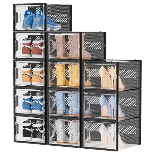 SIMPDIY XL Clear Shoe Storage Boxes, Stackable Shoe Organizer for Closet | 12 Pack, for Size 13, Magnetic Door, Aromatherapy Stick, Plastic, Shoe Rack for Closet, Entryways, Under-bed Storage - color: Black