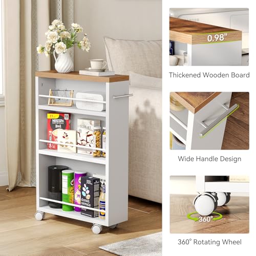 LITTLE TREE 4 Tier Rolling Cart with Wheels, 6.3 Inch Slim Storage Cart, Wooden Snack Cart with Narrow Shelf, White Laundry Room and Bathroom Organizer Shelves - color: White