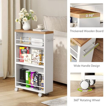 LITTLE TREE 4 Tier Rolling Cart with Wheels, 6.3 Inch Slim Storage Cart, Wooden Snack Cart with Narrow Shelf, White Laundry Room and Bathroom Organizer Shelves - color: White