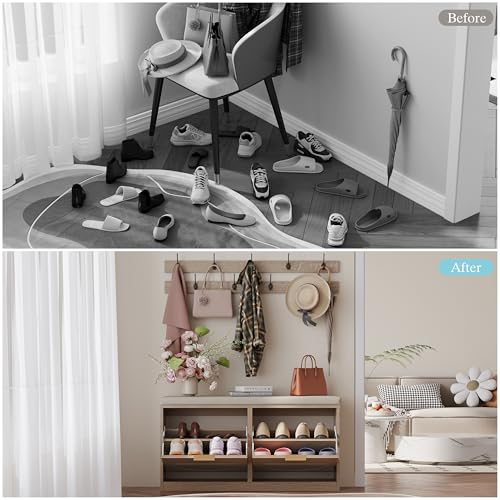 LUMTOK Shoe Storage Bench with 2 Coat Racks & Padded Cushion, Rattan Entryway Bench with 2 Flip Drawers，Narrow Shoes Storage Cabinet with Hooks for Hallway, Living Room, Bedroom