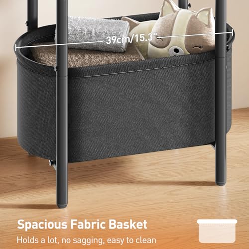 Small Round Side Table with Fabric Basket Storage, Oval End Table for Small Spaces, Modern Coffee Bedside Table, Couch Side Table for Living Room, 15.7" X 11.8" X 24", Rustic Brown 8601BZBF - color: Rustic Brown and Black