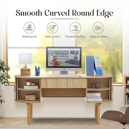 Executive Office Desk with Storage, 63 Inch Large Computer Workstation Desk with Drawer and File Cabinets, Mid Century Modern Fluted Wood Writing Desk for Home Office, Study Room, Living Room, Natural - color: Natural