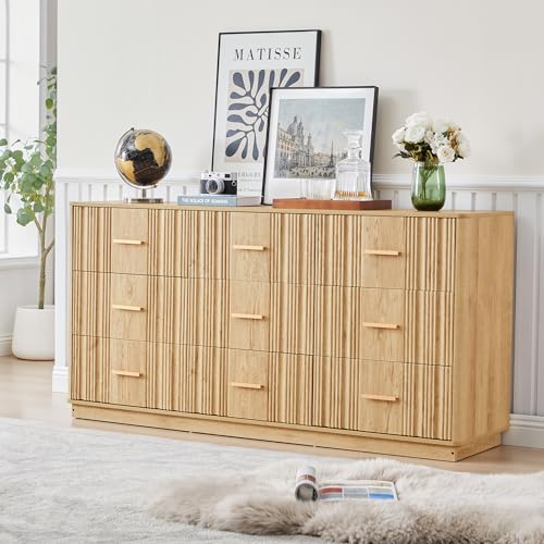 Fluted 9 Drawer Dresser,59"Wide Modern Chest of Drawers with Sturdy Base,Wood Closet Organizers,TV Stand,Storage Dresser with 9 Deep Drawers for Bedroom Living Room Hallway Entryway Nursery(Natural) - color: 9 Drawer Dresser Natural