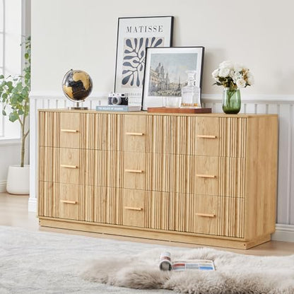 Fluted 9 Drawer Dresser,59"Wide Modern Chest of Drawers with Sturdy Base,Wood Closet Organizers,TV Stand,Storage Dresser with 9 Deep Drawers for Bedroom Living Room Hallway Entryway Nursery(Natural) - color: 9 Drawer Dresser Natural