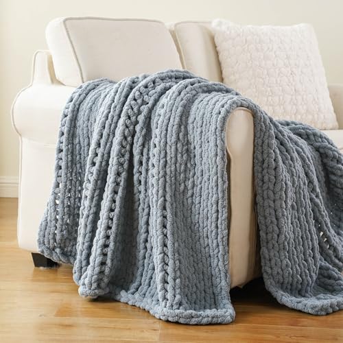 BATTILO HOME Blue Chunky Knit Throw Blanket for Couch, 50"x60" | Handmade Chunky Blanket, Soft Thick Cable Knit Crochet Blanket, for Bed, for Home Decor - color: Bluish Grey