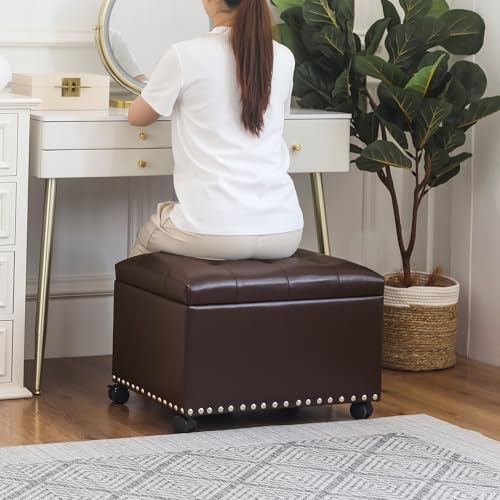 Leather Storage Ottoman with 360° Caster Wheels 24" Foot Rest Bench Rectangle Ottomans Stool for Living Room Bedroom (Brown, Wheels) - color: Brown With Casters