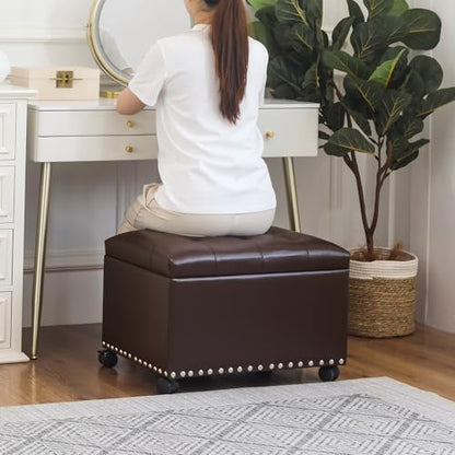 Leather Storage Ottoman with 360° Caster Wheels 24" Foot Rest Bench Rectangle Ottomans Stool for Living Room Bedroom (Brown, Wheels) - color: Brown With Casters