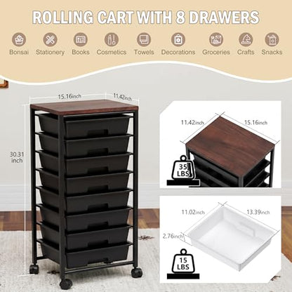 Rolling Cart with 8 Drawers, Storage Drawers Cart with Wooden Tabletop and Lockable Wheels, Craft Storage for Living Room, Office, Classroom, Craft Room, Bedroom (Black) - color: Black